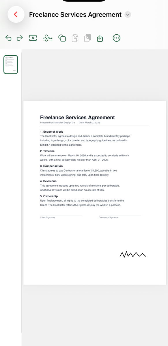 CharisPDF editor showing a signature on a freelance services agreement