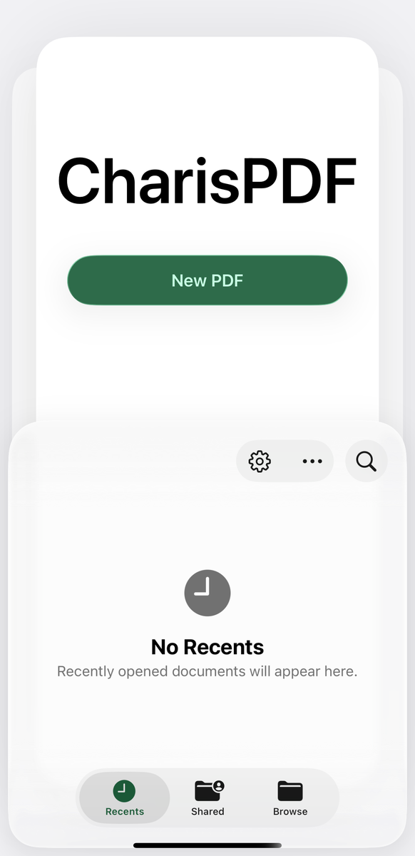 CharisPDF home screen with New PDF and Recents